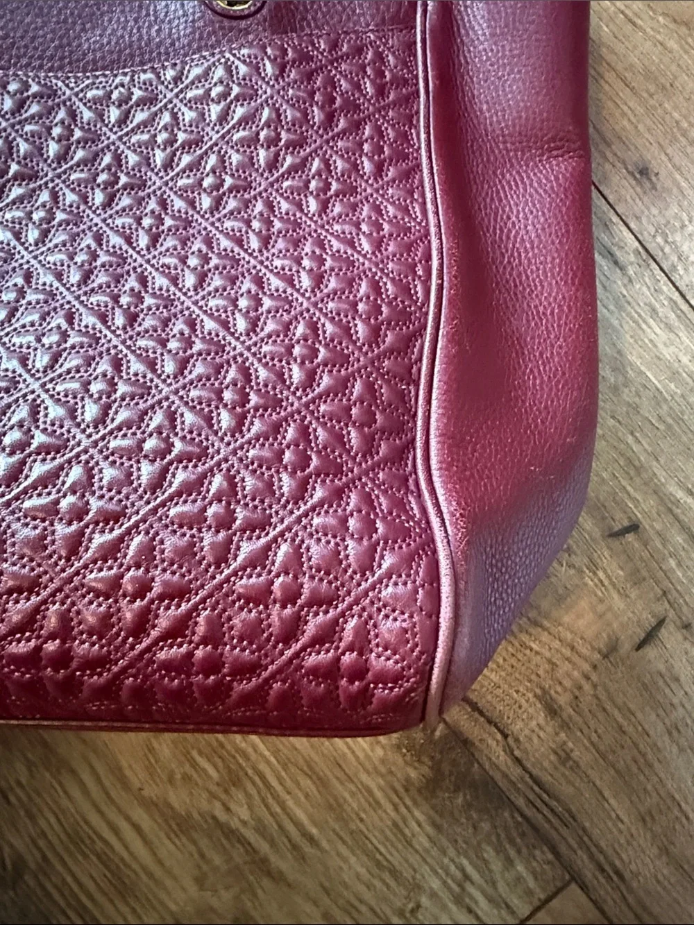 Tory Burch Quilted Leather Tote in Burgundy with Gold Chain Straps